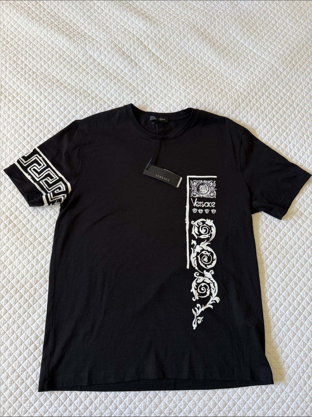 New Versace Black Tee with White Baroque Print and Greek Key Sleeve Detail